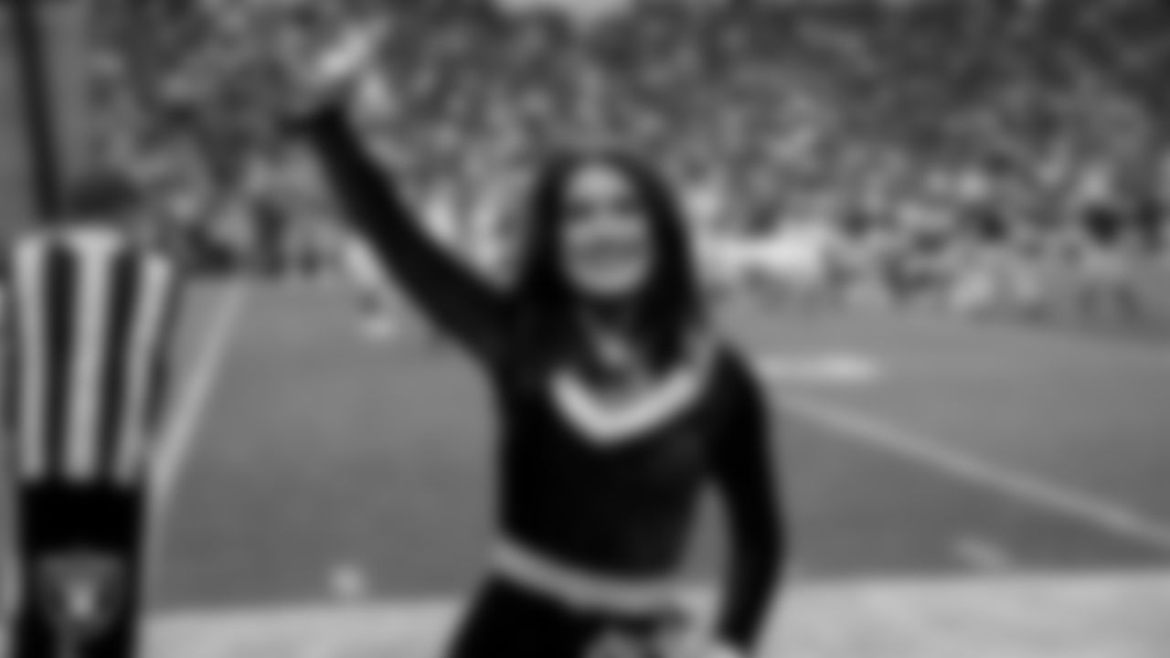Raiderette Macy on the sidelines during the regular season home game against the New York Giants at Allegiant Stadium.