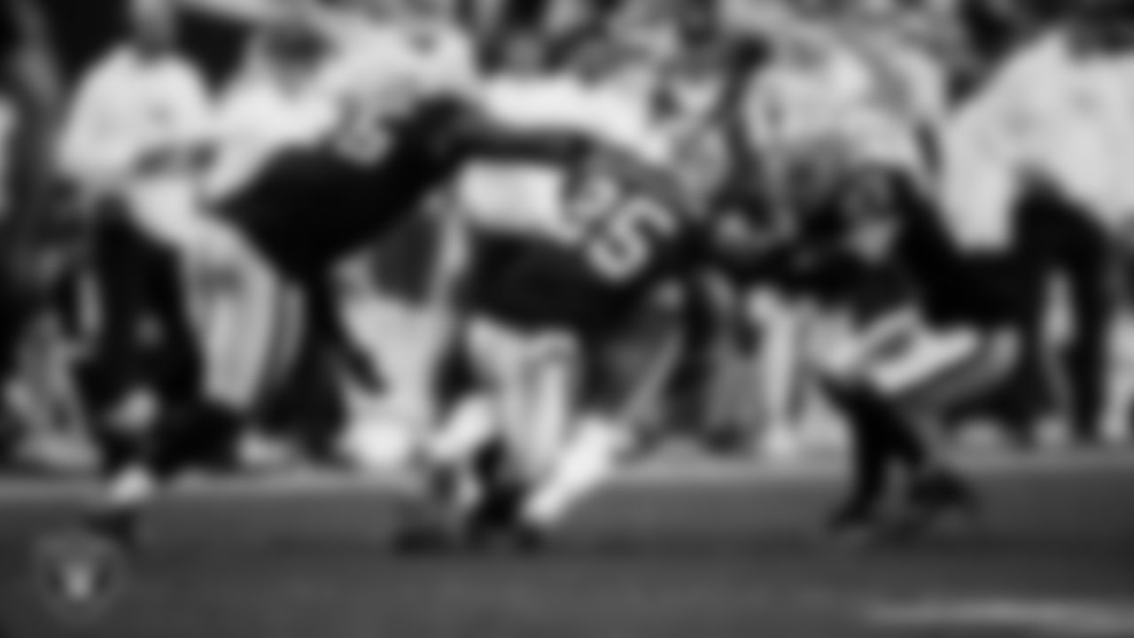 Las Vegas Raiders cornerback Decamerion Richardson (25) makes a tackle during the regular season home game against the Kansas City Chiefs at Allegiant Stadium.