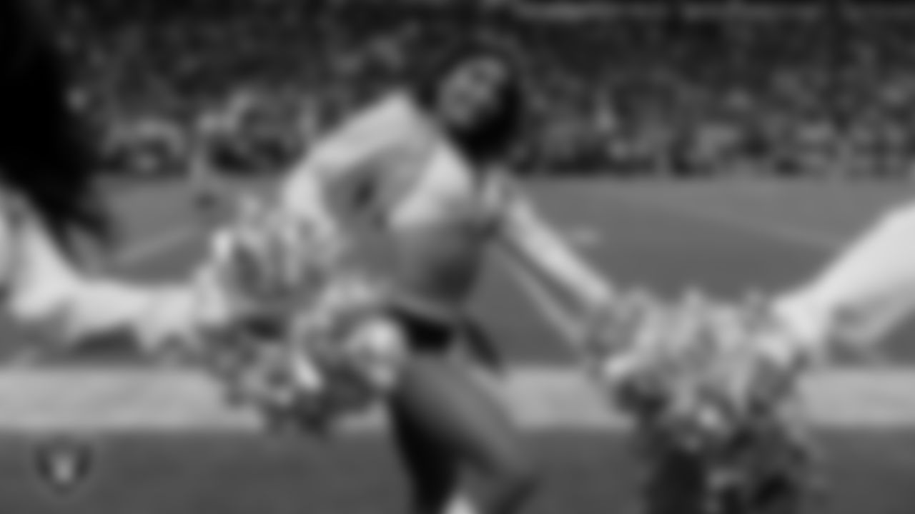 Raiderette Maddie performs on the sidelines during the regular season home game against the Jacksonville Jaguars at Allegiant Stadium.
