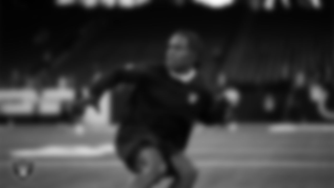 Las Vegas Raiders cornerback Darnay Holmes (30) warming up before the regular season away game against the Indianapolis Colts at Lucas Oil Stadium.