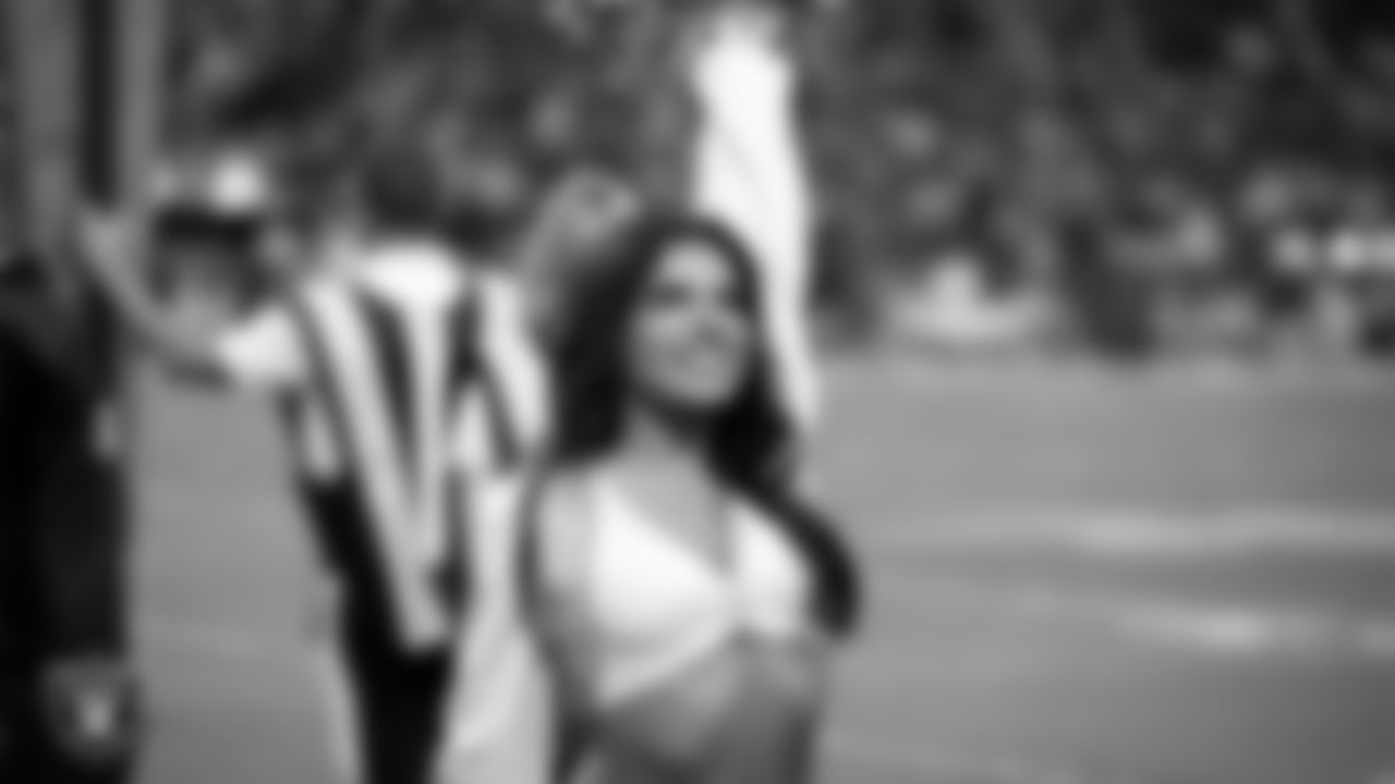 Raiderette Annalise on the sidelines during the regular season home game against the Los Angeles Chargers at Allegiant Stadium.