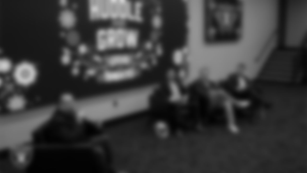 DJ Hector Minjarez introduces speakers during the Huddle and Grow event at Las Vegas Raiders Headquarters.