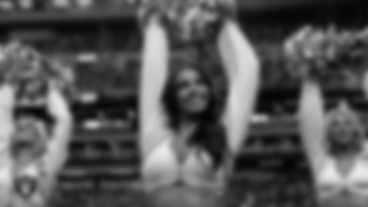 Raiderette Raegen on the sidelines during the regular season home game against the Jacksonville Jaguars at Allegiant Stadium.