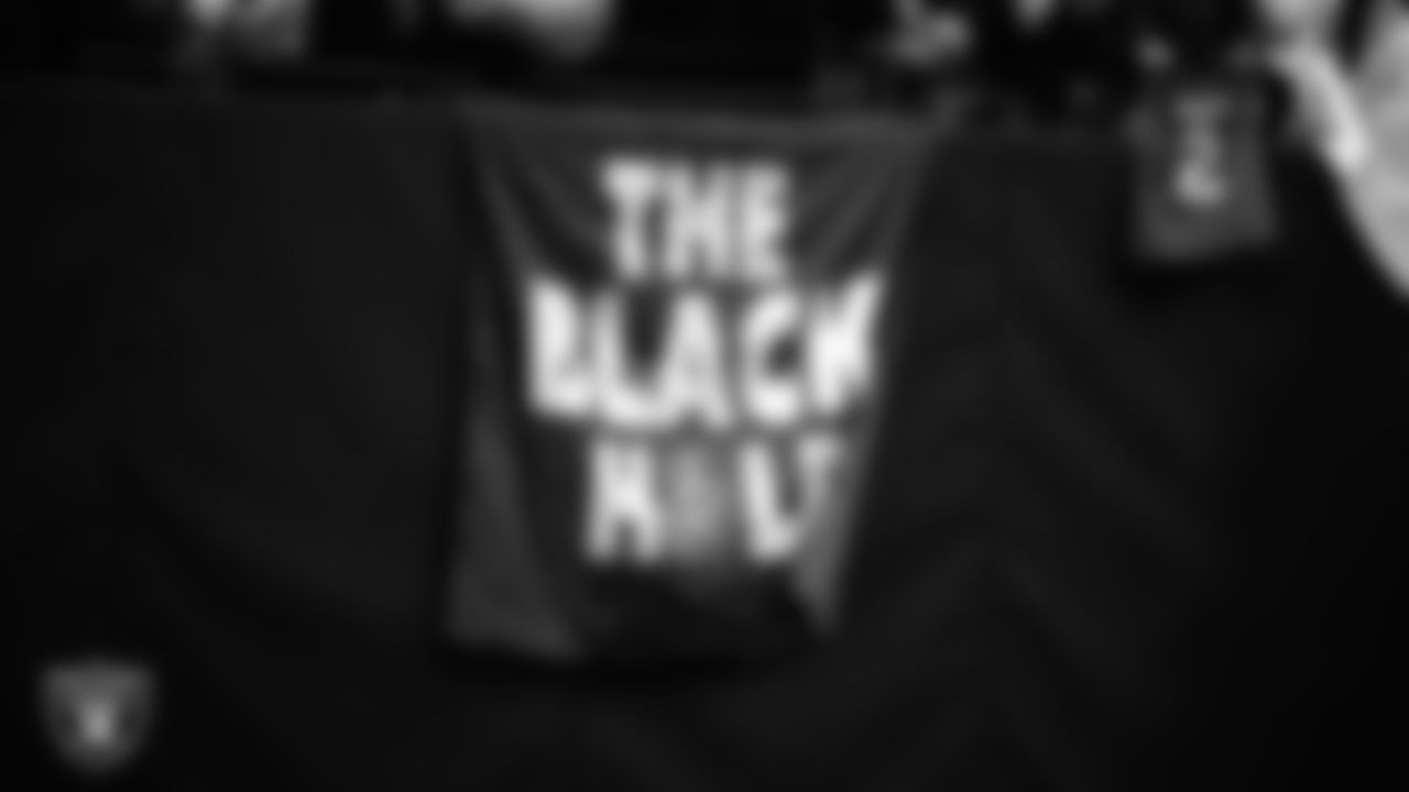 Signage for The Black Hole before the Las Vegas Raiders' regular season home game against the Denver Broncos at Allegiant Stadium.