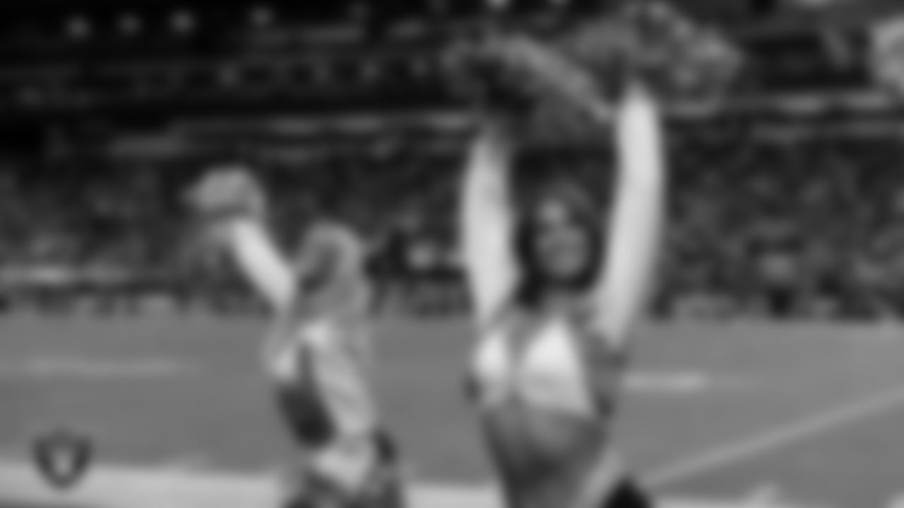 Raiderette Raegen on the sidelines during the regular season home game against the Dallas Cowboys at Allegiant Stadium.