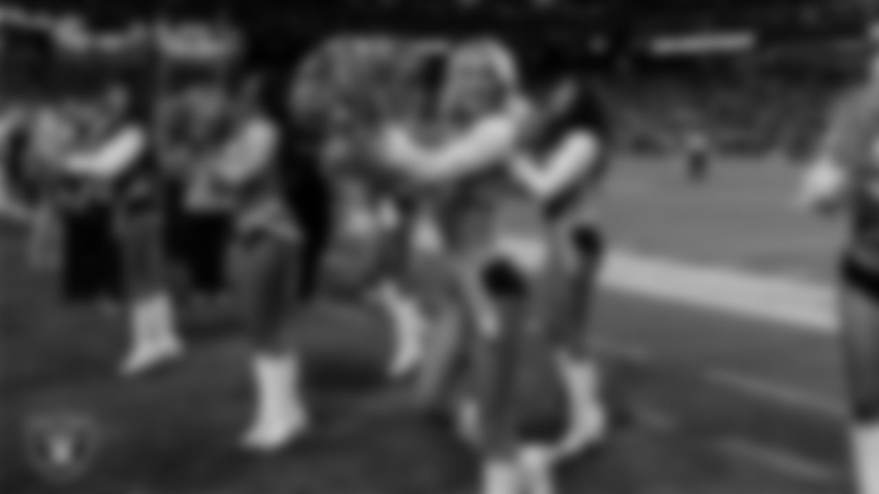 Raiderette Kennedy performs on the sidelines during the regular season home game against the Dallas Cowboys at Allegiant Stadium.