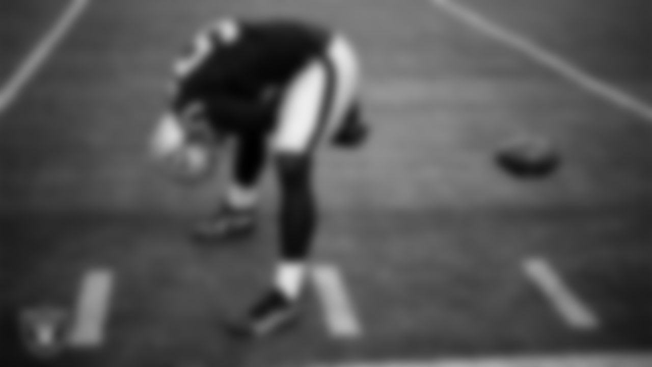 Las Vegas Raiders long snapper Jacob Bobenmoyer (50) warming up before the regular season home game against the Jacksonville Jaguars at Allegiant Stadium.