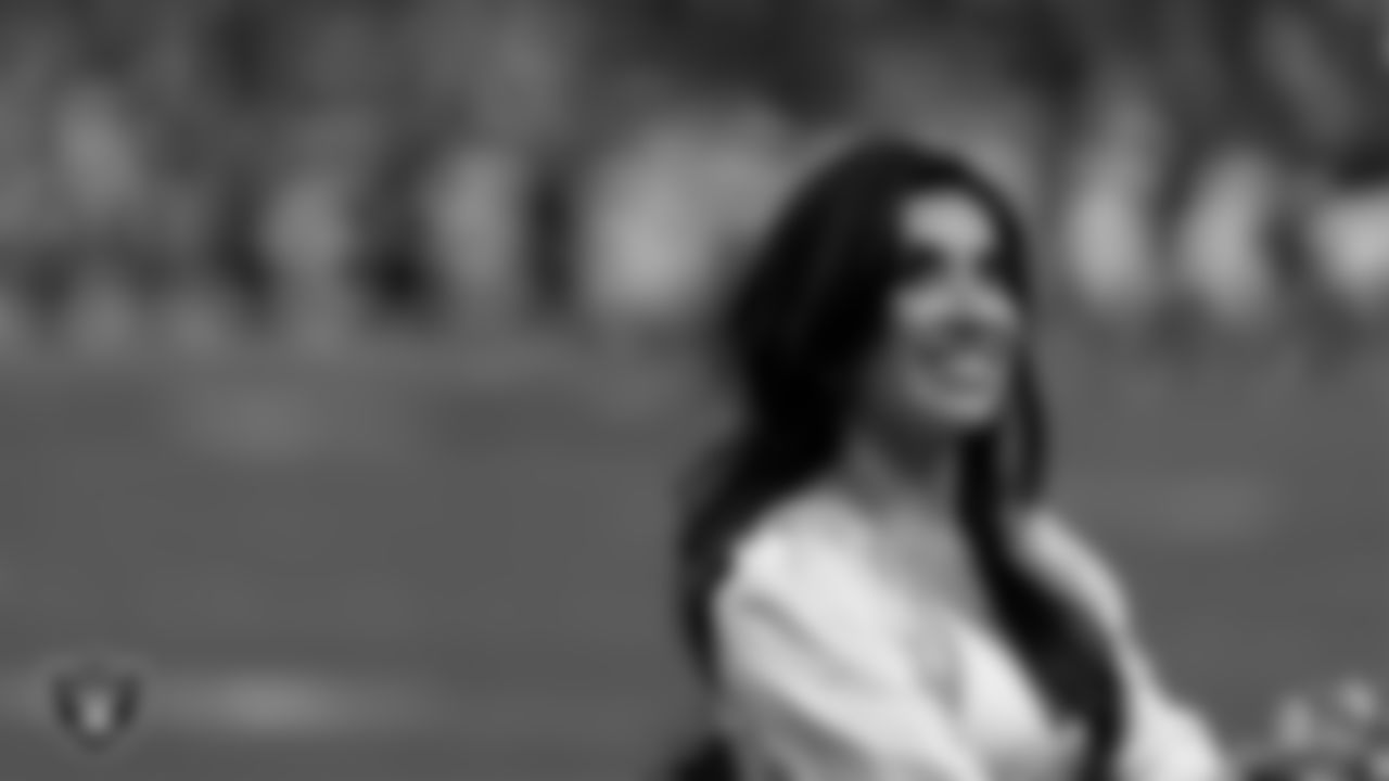 Raiderette Tatiana on the sidelines during the regular season home game against the Denver Broncos at Allegiant Stadium.
