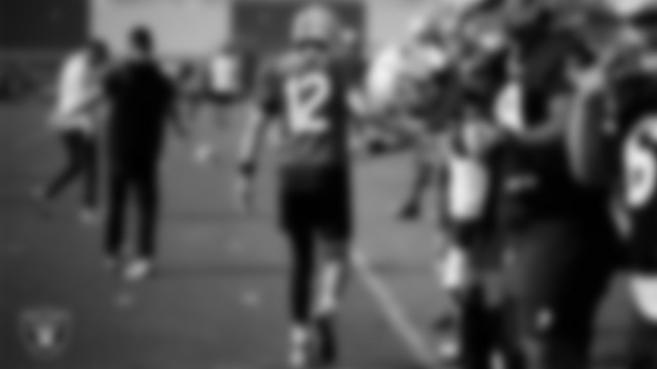 Las Vegas Raiders quarterback Aidan O'Connell (12) during practice at Intermountain Health Performance Center.