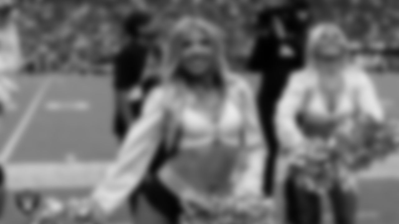 Raiderette Jordie on the sidelines during the preseason home game against the San Francisco 49ers at Allegiant Stadium.
