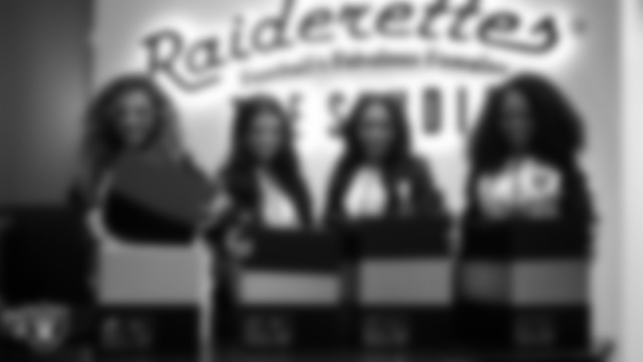 Raiderettes Lexie, Kylee, Cierra and Shayla unbox their custom boots for the NFL's My Cause My Cleats initiative at The Studio.