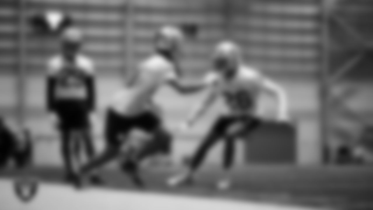 Las Vegas Raiders cornerback Greedy Vance (41) and cornerback Dairen Porter (26) during practice at Intermountain Health Performance Center.