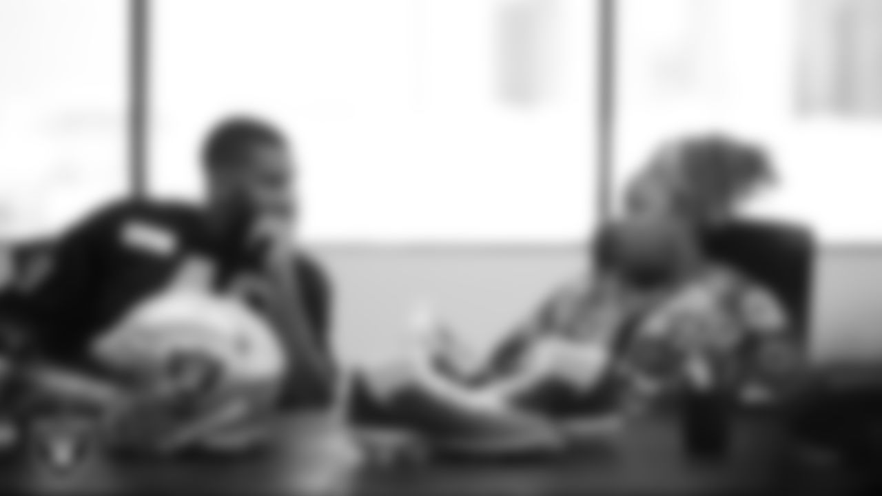 Las Vegas Raiders defensive end Charles Snowden (49) meets with representatives from the NAACP Las Vegas branch to design cleats for My Cause My Cleats at Shoe Palace Corporate Offices.