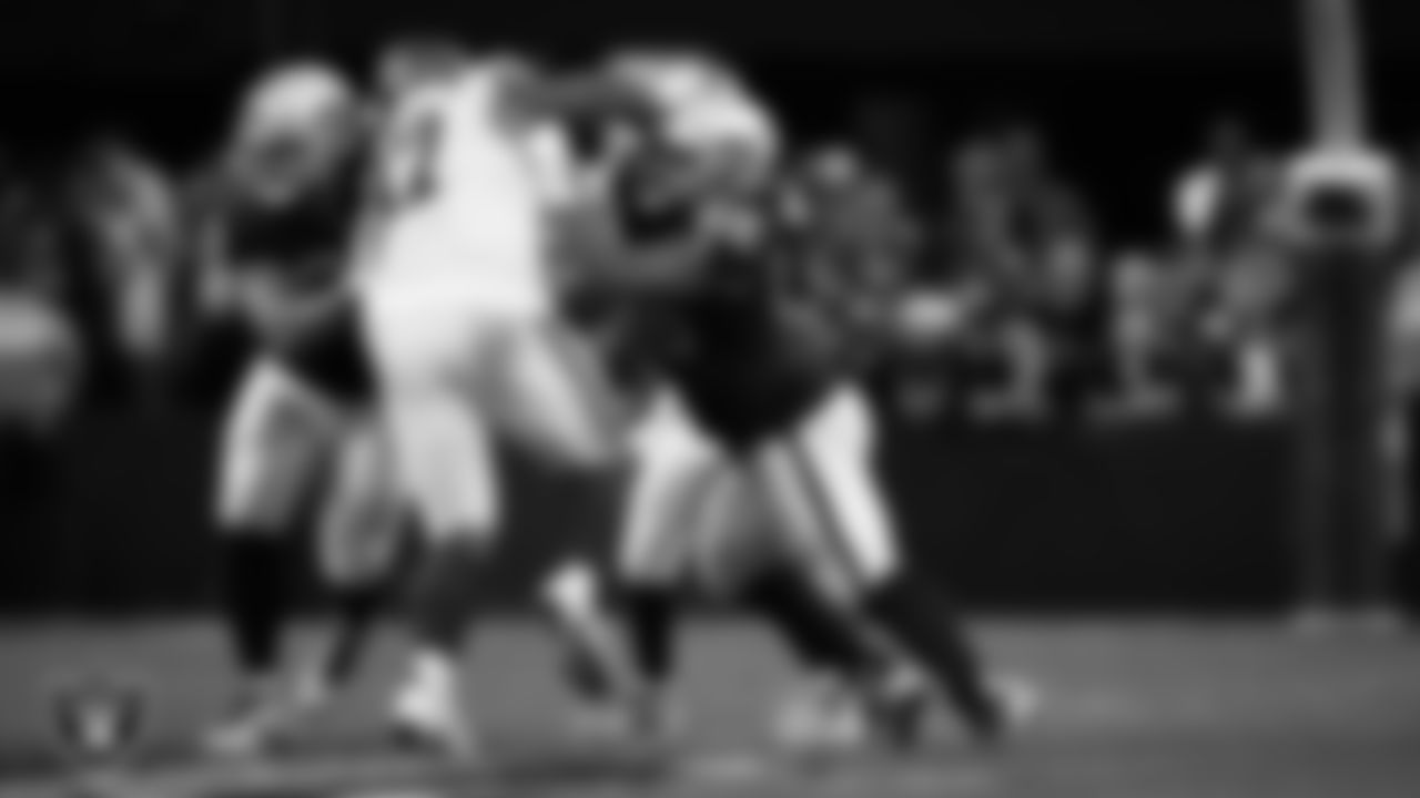 Las Vegas Raiders center Andre James (68) and guard Dylan Parham (66) block during the regular season home game against the New York Giants at Allegiant Stadium.