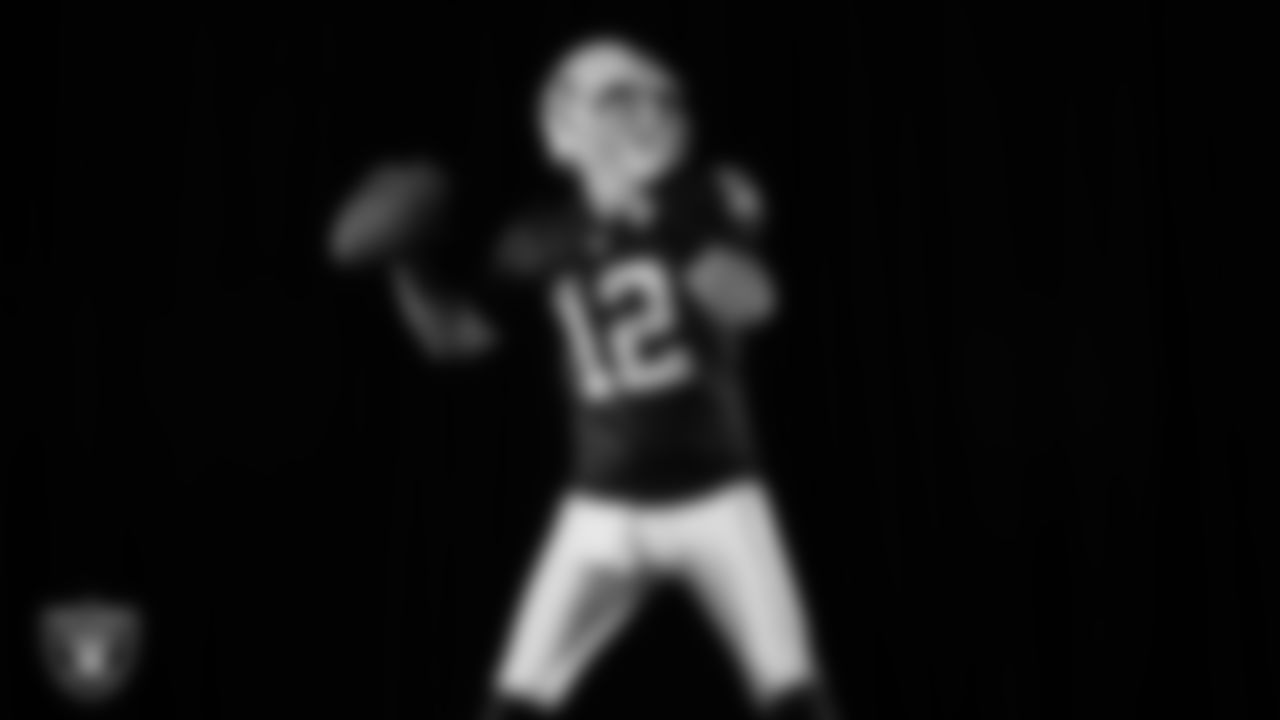 Las Vegas Raiders quarterback Aidan O'Connell (12) poses for a photo at the 2025 Raiders Media Day.