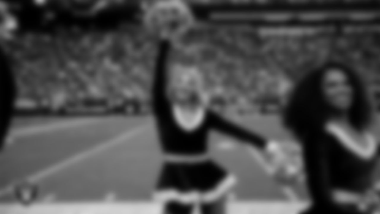 Raiderette Cori on the sidelines during the regular season home game against the New York Giants at Allegiant Stadium.