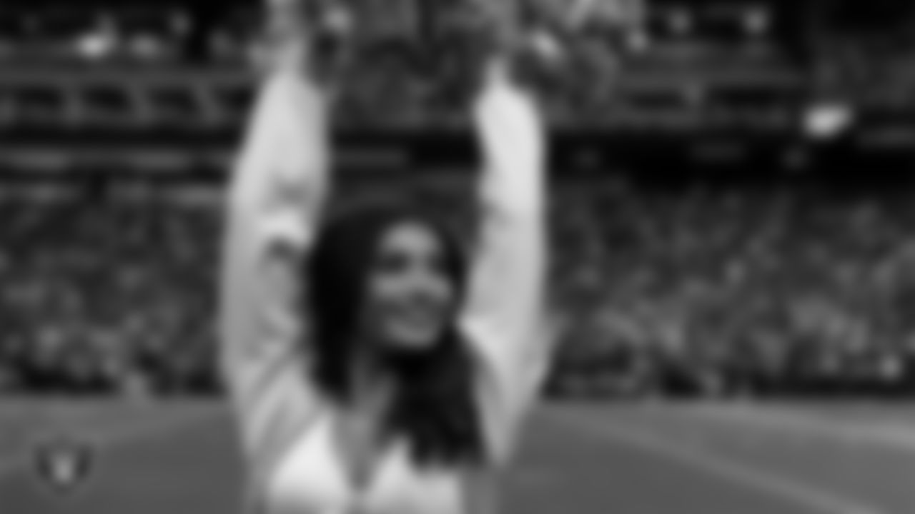Raiderette Maddie on the sidelines during the regular season home game against the Denver Broncos at Allegiant Stadium.