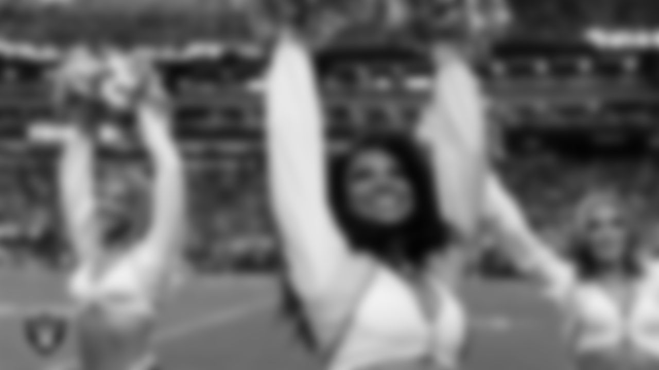 Raiderette Shayla on the sidelines during the regular season home game against the Denver Broncos at Allegiant Stadium.