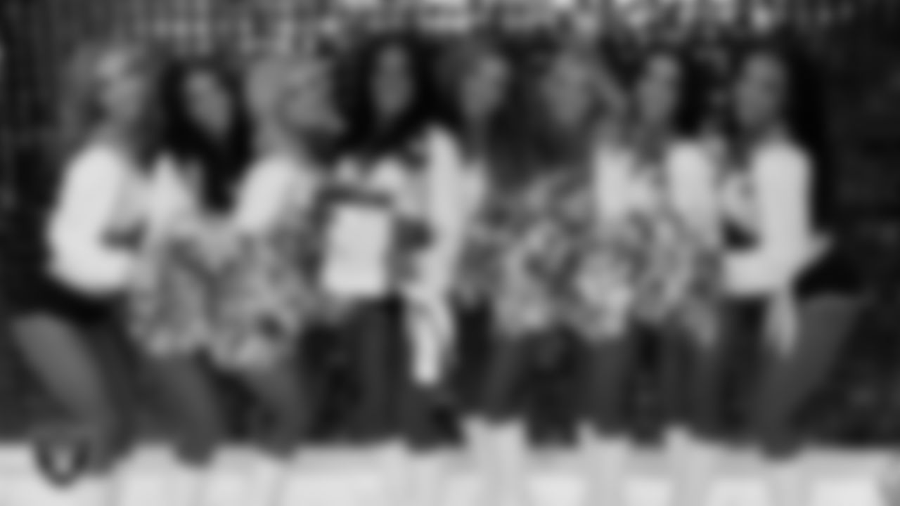 Line 1 of the Raiderettes in the locker room before the regular season home game against the Jacksonville Jaguars at Allegiant Stadium.