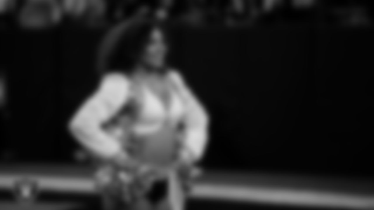 Raiderette Makenna during player introductions before the regular season home game against the Dallas Cowboys at Allegiant Stadium.