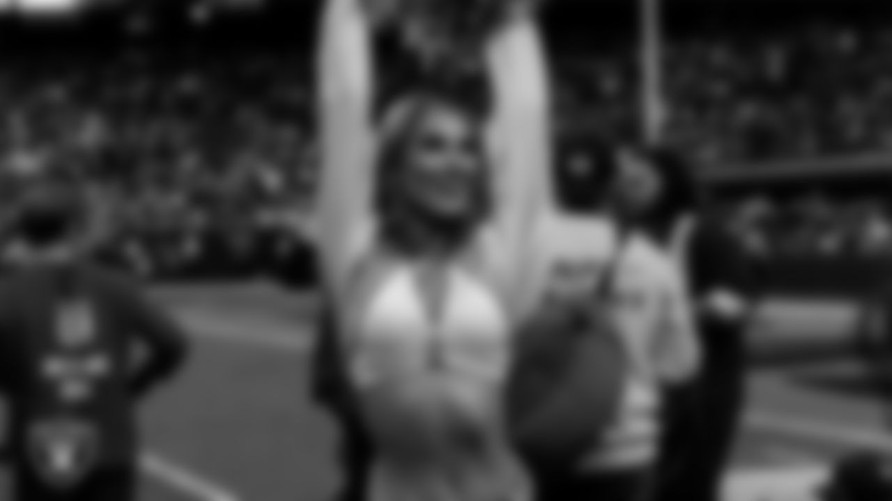 Raiderette Madisyn on the sidelines during the regular season home game against the Kansas City Chiefs at Allegiant Stadium.