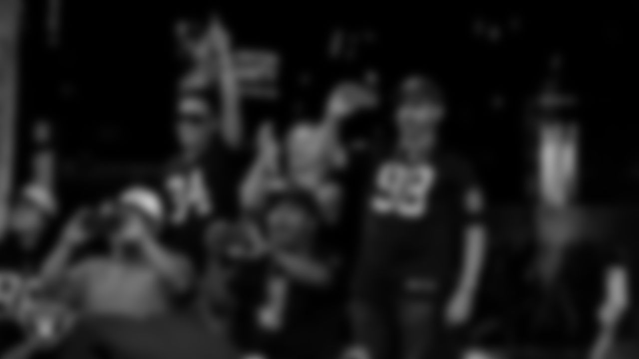 Las Vegas Raiders fans celebrate the Raiders' 6th overall selection of Boise State running back Ashton Jeanty during the 2025 Raiders Draft Party at KAOS Nightclub.