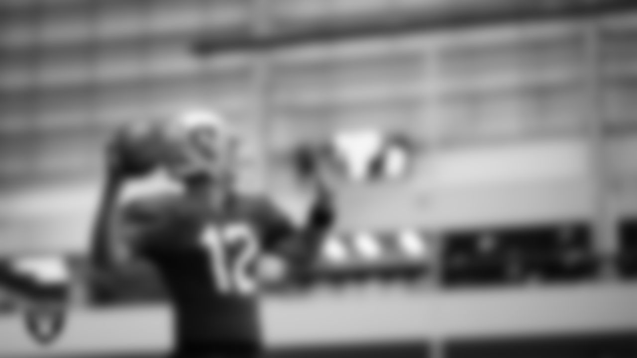 Las Vegas Raiders quarterback Aidan O'Connell (12) during practice at Intermountain Health Performance Center.