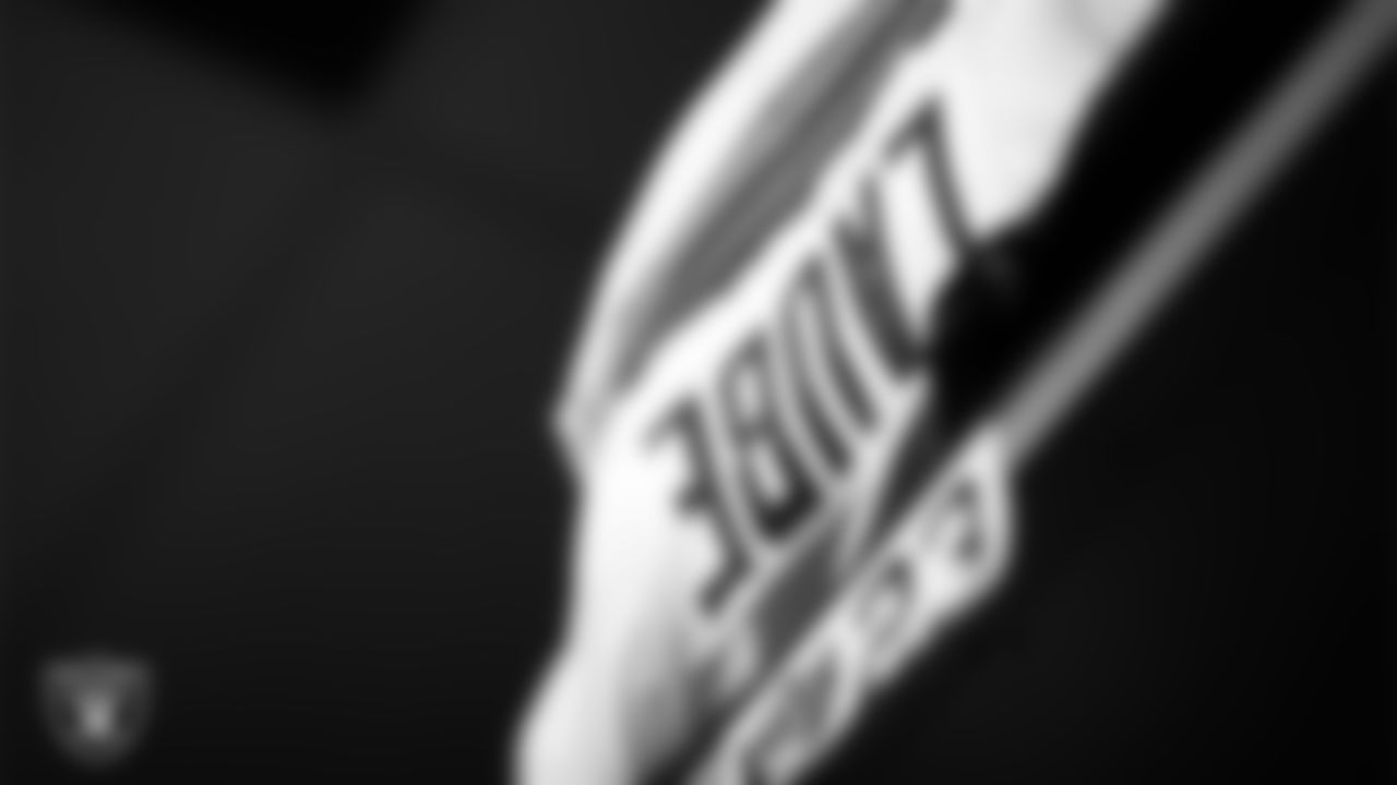 Las Vegas Raiders running back Dylan Laube's (23) pads in the locker room prior to the Raiders' arrival for their regular season away game against the Philadelphia Eagles at Lincoln Financial Field.