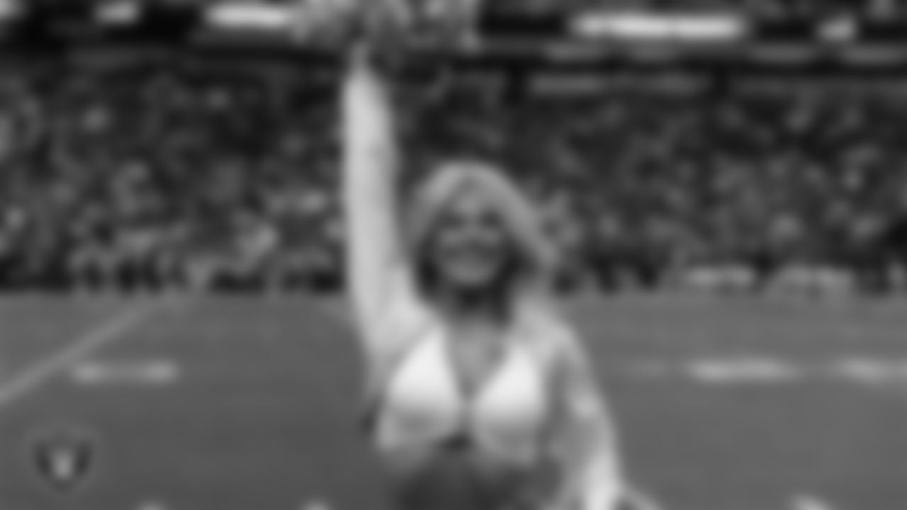Raiderette Isabella on the sidelines during the regular season home game against the Denver Broncos at Allegiant Stadium.