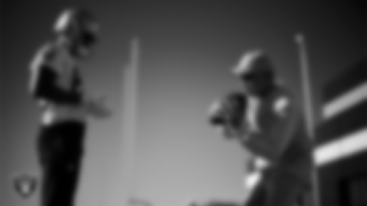 Las Vegas Raiders wide receiver Brenden Rice (82) and Head Coach Pete Carroll during practice at Intermountain Health Performance Center.