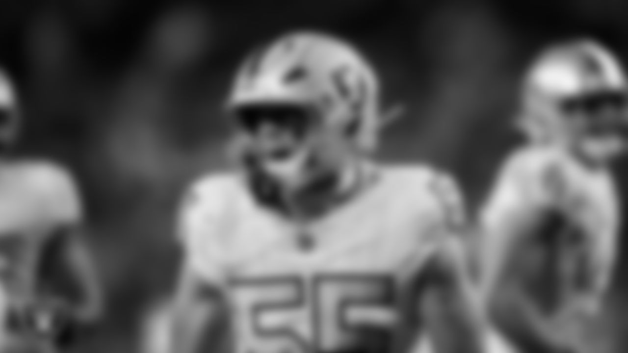 Las Vegas Raiders linebacker Cody Lindenberg (55) celebrates after making a tackle during the regular season away game against the Denver Broncos at Empower Field at Mile High.