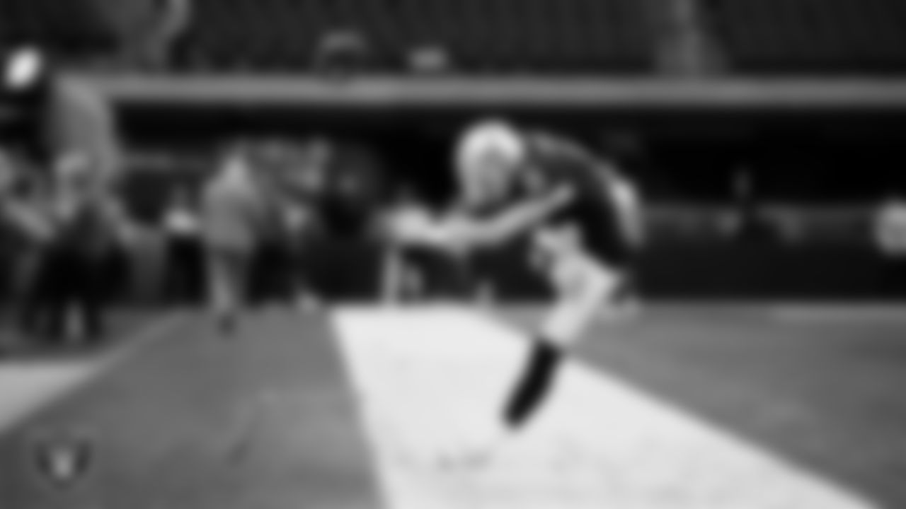 Las Vegas Raiders kicker Daniel Carlson (8) warming up before the regular season home game against the Cleveland Browns at Allegiant Stadium.