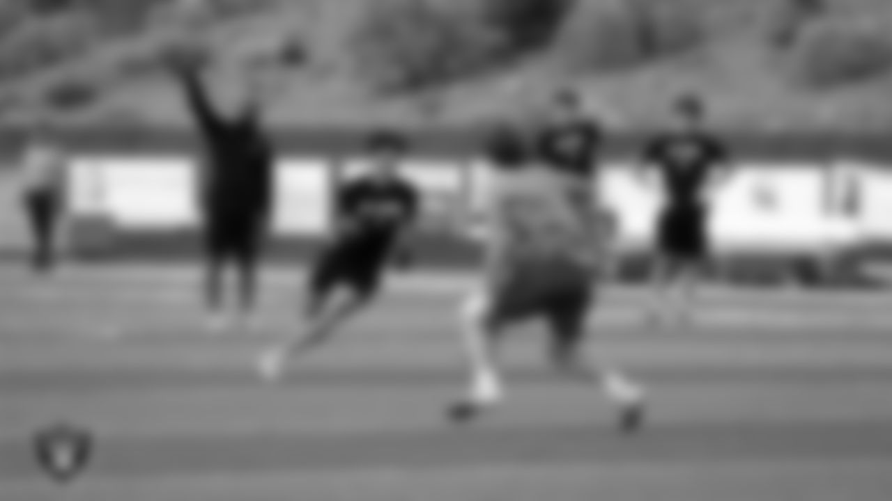 Athletes compete in a 7-on-7 game during a Las Vegas Raiders 11-ON event at Damonte Ranch High School.