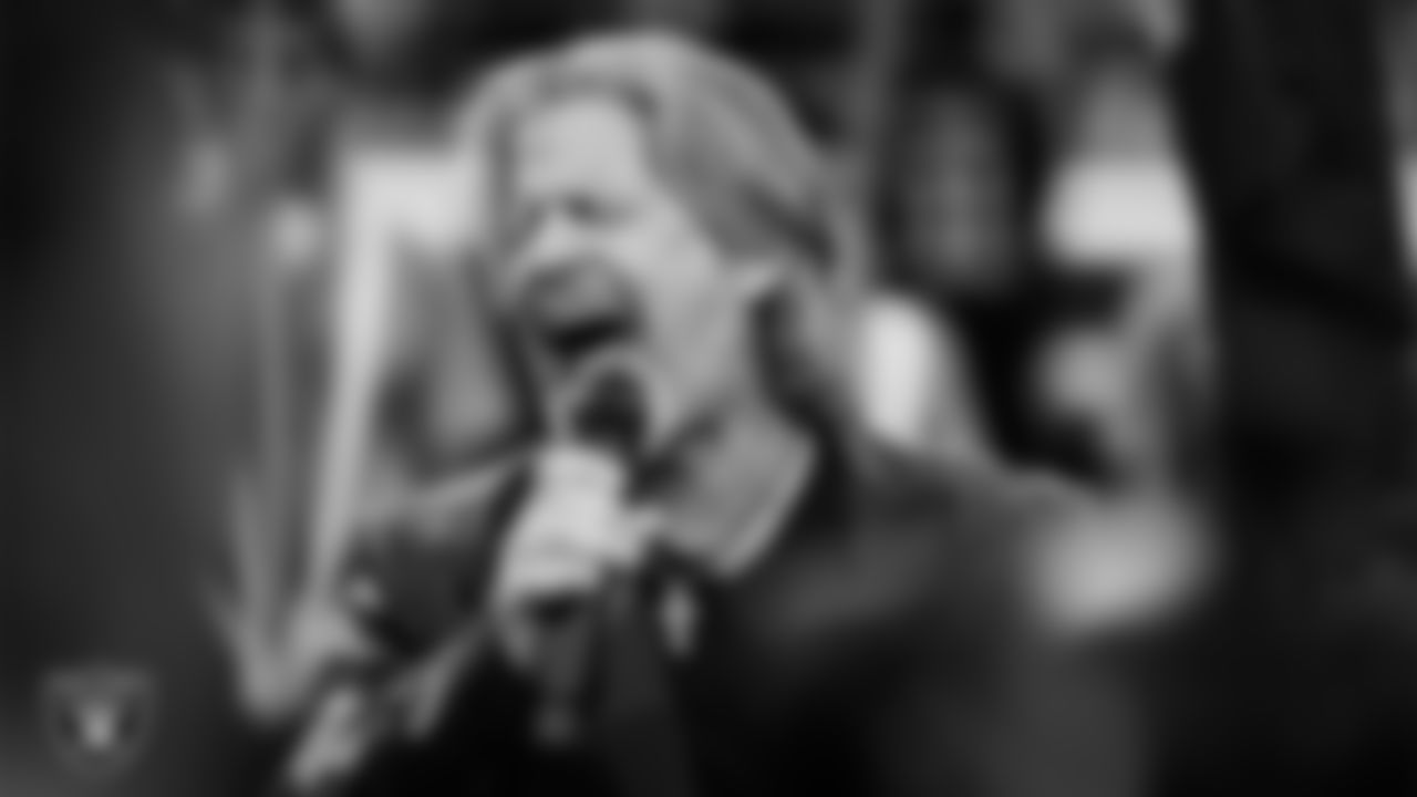 Singer Bucky Heard performs the national anthem before the Las Vegas Raiders' preseason home game against the San Francisco 49ers at Allegiant Stadium.