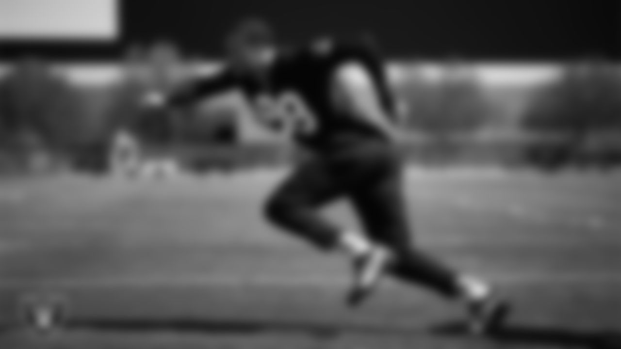 Las Vegas Raiders defensive end Andre Carter II (99) at a workout during phase two of the offseason program at Intermountain Health Performance Center.