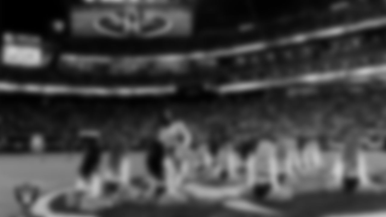 Raiderette Amanda performs on the field before the regular season home game against the Dallas Cowboys at Allegiant Stadium.