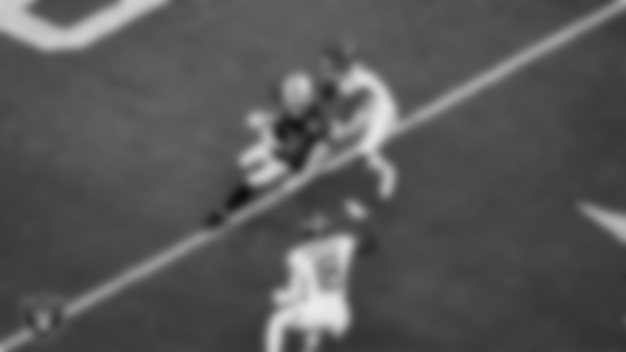 Las Vegas Raiders wide receiver Jakobi Meyers (16) runs after making a catch during the regular season home game against the Tennessee Titans at Allegiant Stadium.