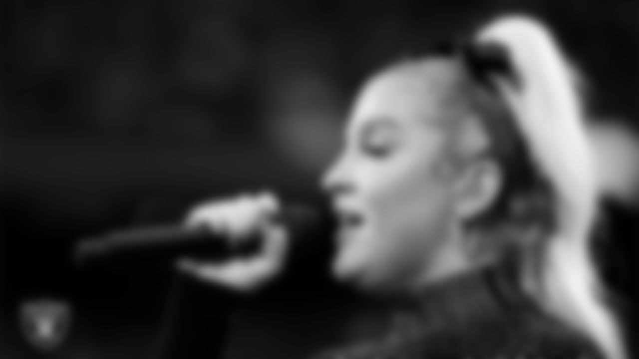 Singer and songwriter Joelle James performs the national anthem before the Las Vegas Raiders' regular season home game against the New York Giants at Allegiant Stadium.