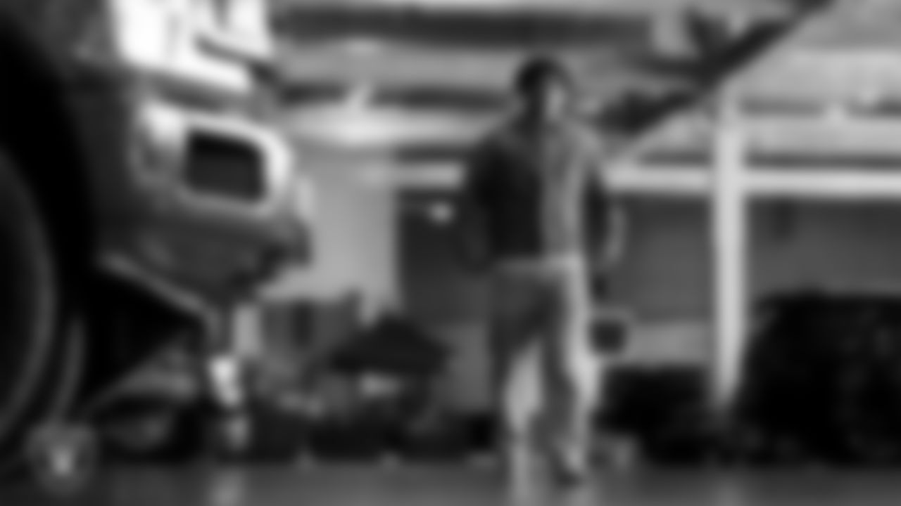 Las Vegas Raiders safety Tristin McCollum (27) arrives to the regular season home game against the Tennessee Titans at Allegiant Stadium.