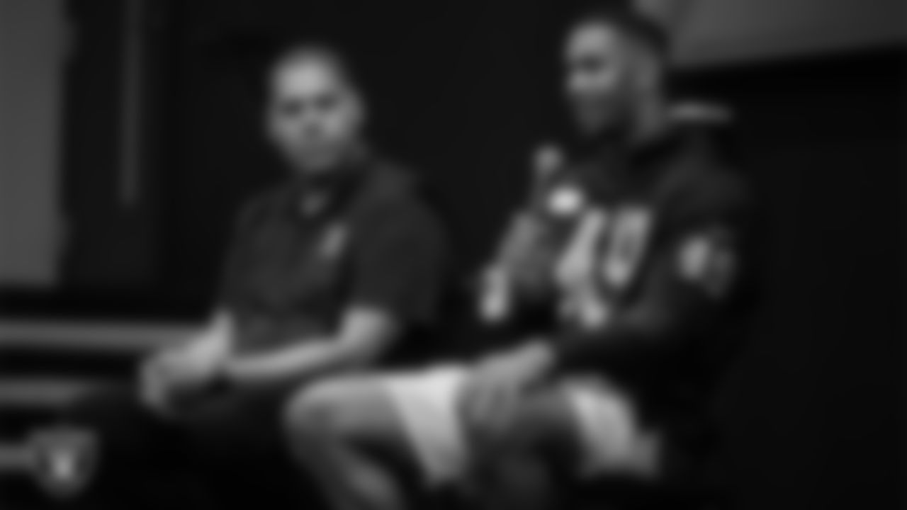 Las Vegas Raiders defensive end Charles Snowden (49) speaks to athletes during Raiders ELITE Academy at Las Vegas Raiders Headquarters.