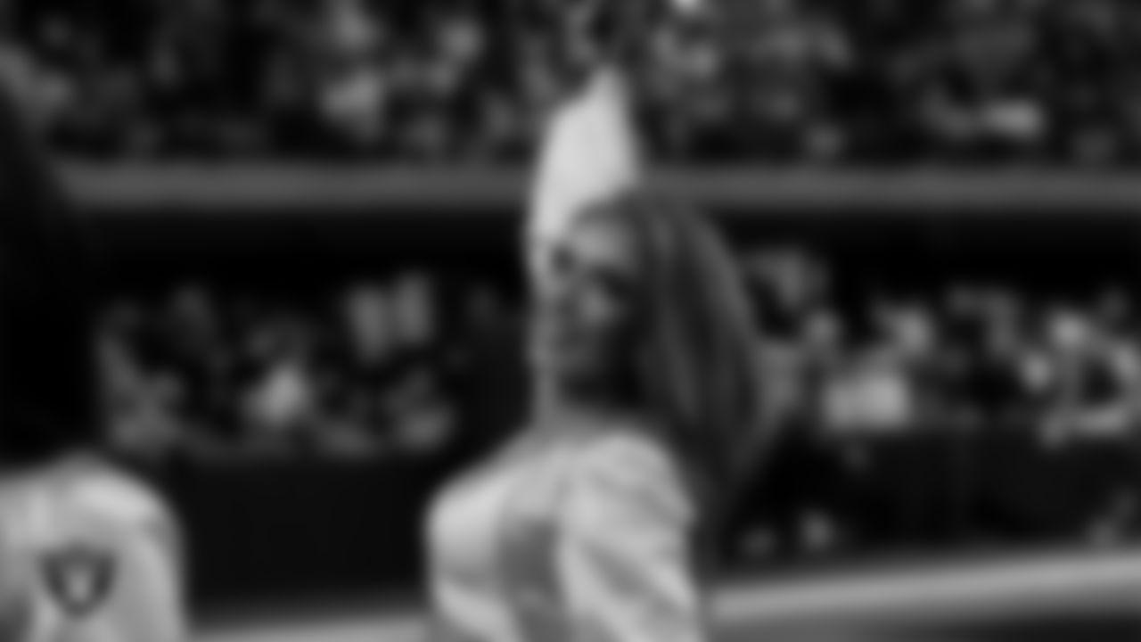 Raiderette Shelby on the sidelines during the regular season home game against the Kansas City Chiefs at Allegiant Stadium.