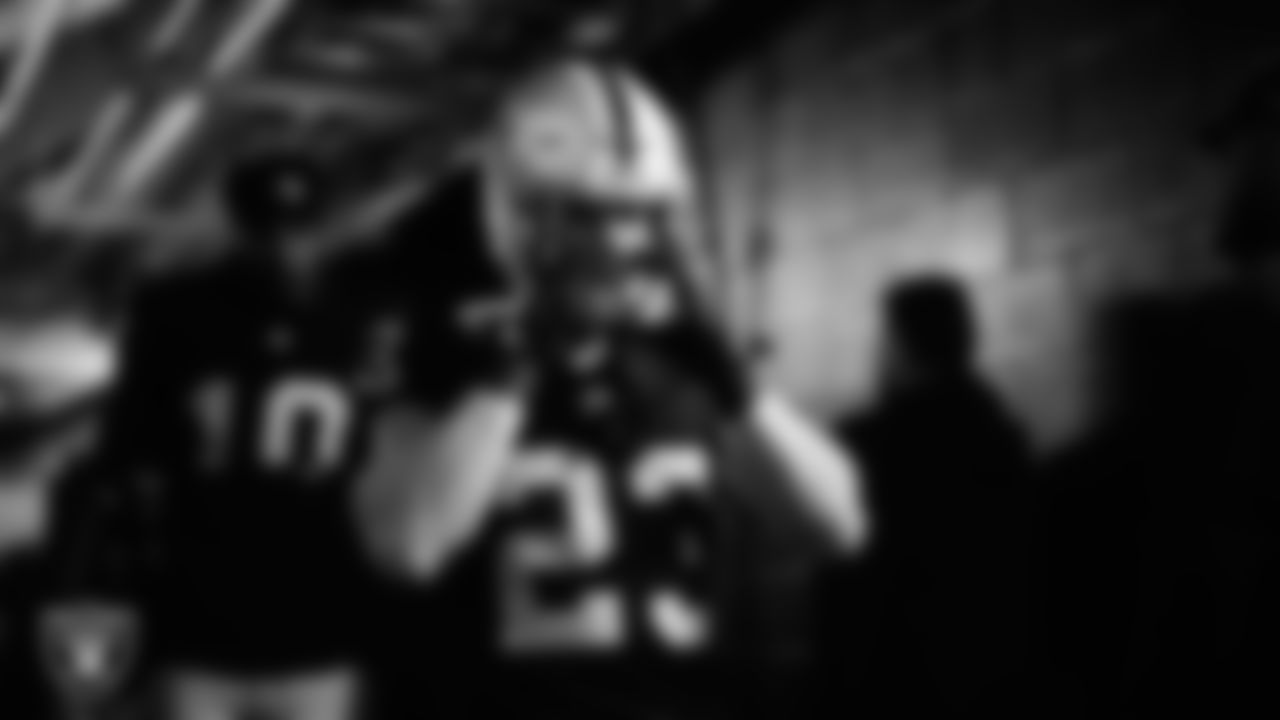 Las Vegas Raiders running back Dylan Laube (23) walks down the tunnel before the regular season home game against the Cleveland Browns at Allegiant Stadium.