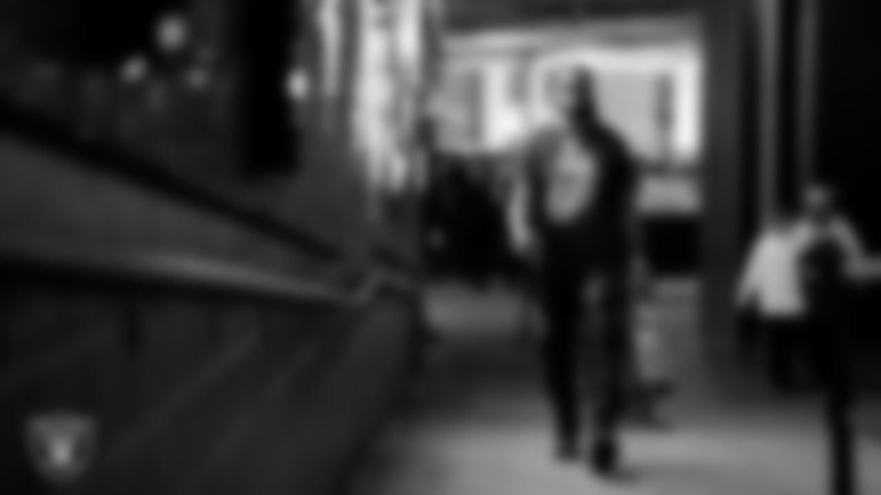 Las Vegas Raiders tight end Ian Thomas (80) arrives to the regular season home game against the Denver Broncos at Allegiant Stadium.