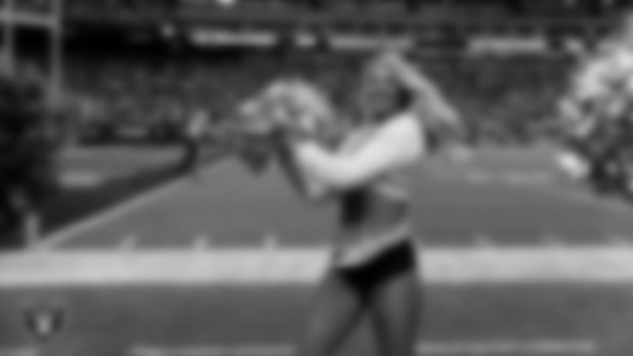 Raiderette Cori performs on the sidelines during the regular season home game against the Jacksonville Jaguars at Allegiant Stadium.