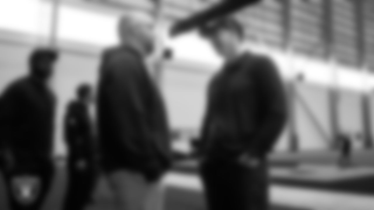 Las Vegas Raiders assistant general manager Brian Stark and Head Coach Klint Kubiak on the indoor field at Intermountain Health Performance Center.