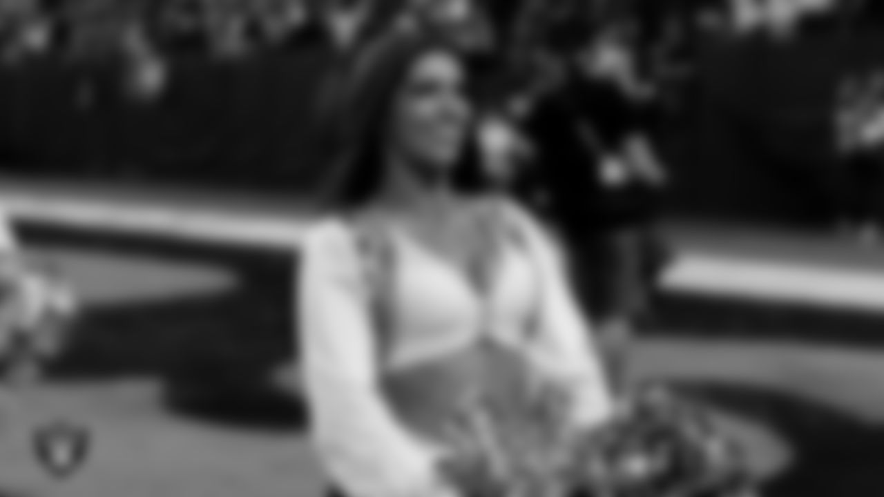 Raiderette Ashtin on the sidelines during the regular season home game against the Dallas Cowboys at Allegiant Stadium.