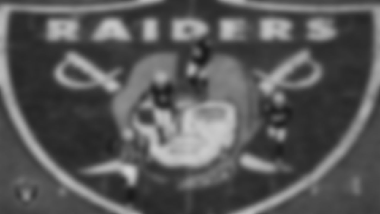 Las Vegas Raiders safety Tristin McCollum (27), defensive end Tyree Wilson (9), safety Lonnie Johnson Jr. (32) and cornerback Kyu Blu Kelly (36) on the field during the regular season home game against the Cleveland Browns at Allegiant Stadium.