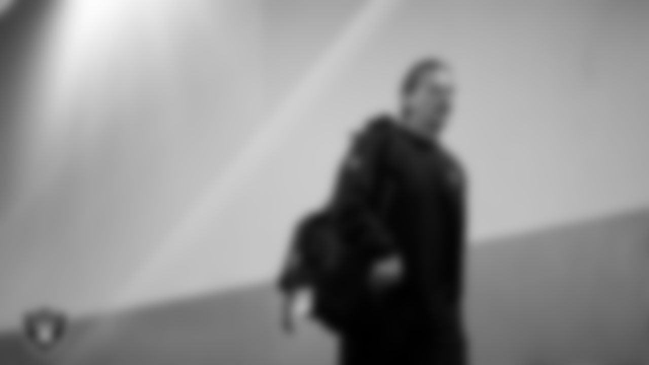 Las Vegas Raiders quarterbacks coach Greg Olson arrives to the regular season away game against the Los Angeles Chargers at SoFi Stadium.