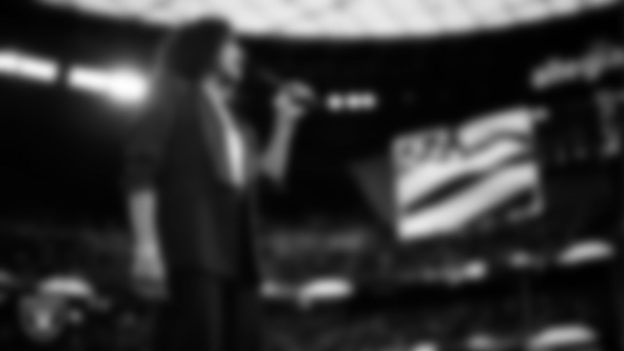 Actress and singer Renee Elise Goldsberry performs the national anthem before the Las Vegas Raiders' regular season home game against the Jacksonville Jaguars at Allegiant Stadium.