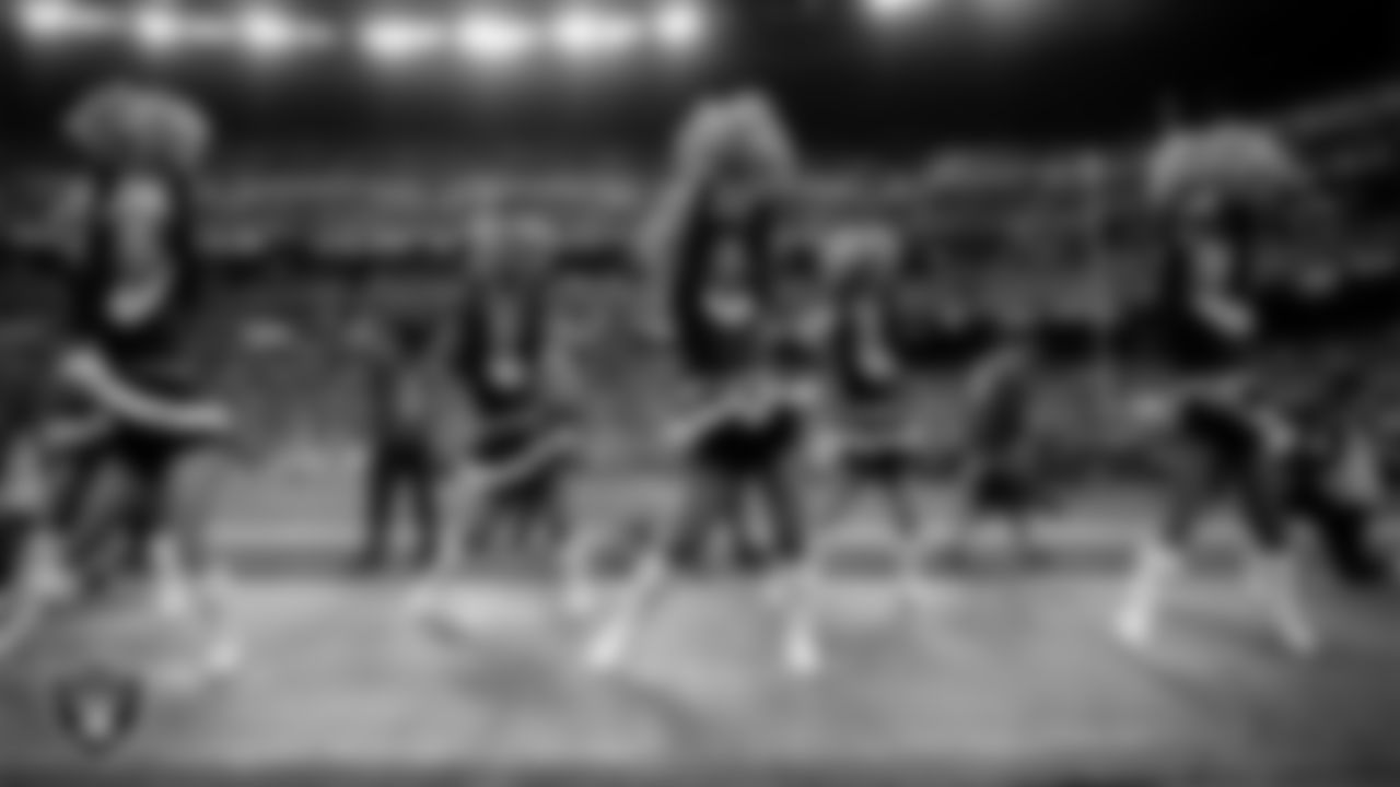 Line 1 of the Raiderettes performs on the sidelines during the regular season home game against the New York Giants at Allegiant Stadium.